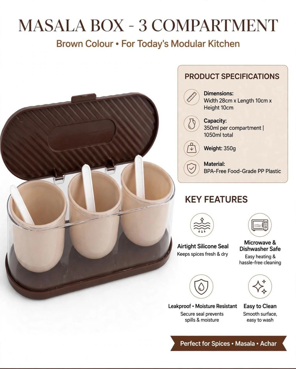 Multipurpose 3-in-1 Masala Box | Kitchen Spice Storage Container with 3 Compartments - Image 4