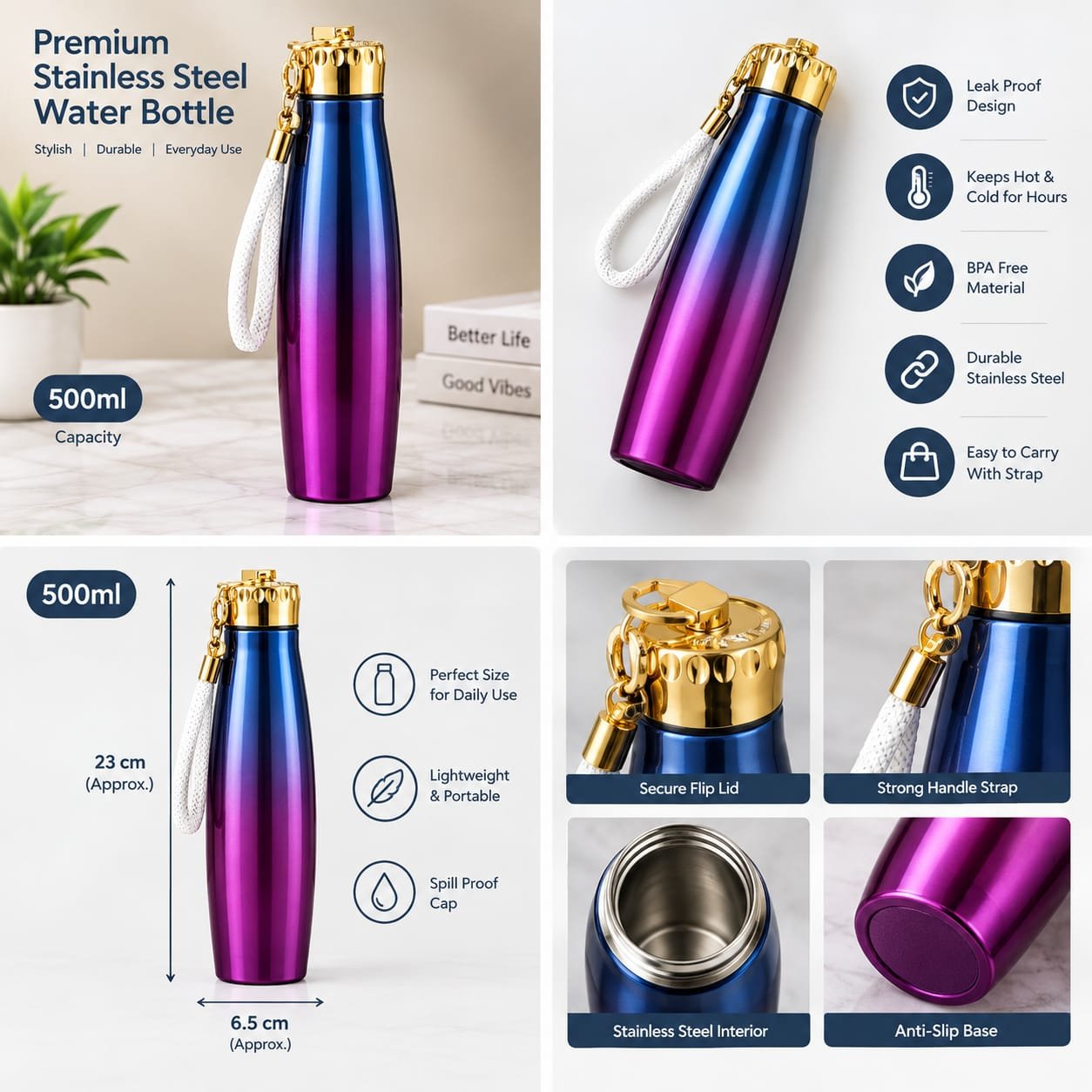 Premium multicolored reusable water bottle for everyday use