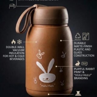 Bunny print 330ml water bottle with inner glass and outer plastic cover