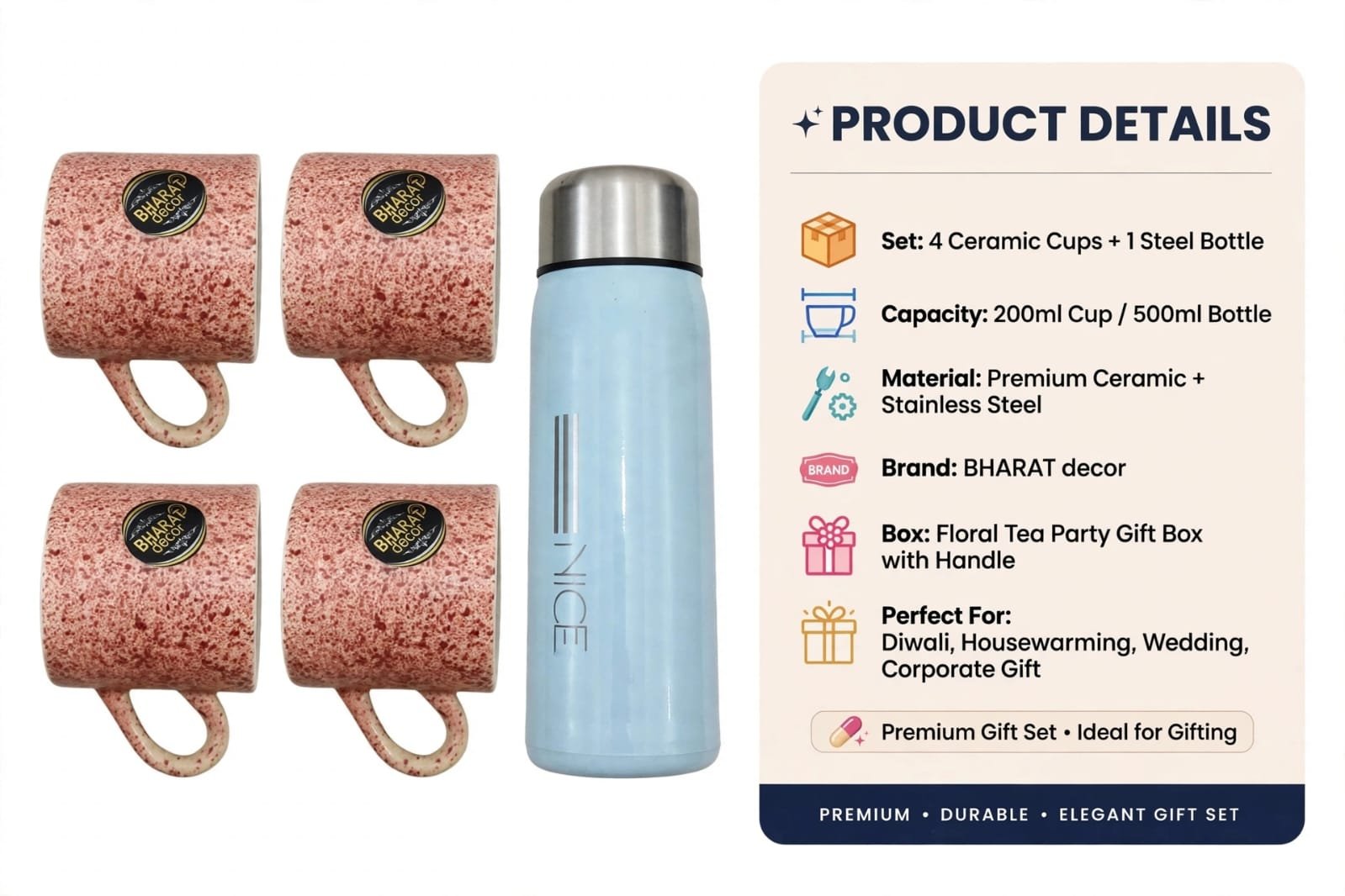 Premium Gift Pack with Water Bottle & 4 Colored Teacups with Gift Box Set - Image 2