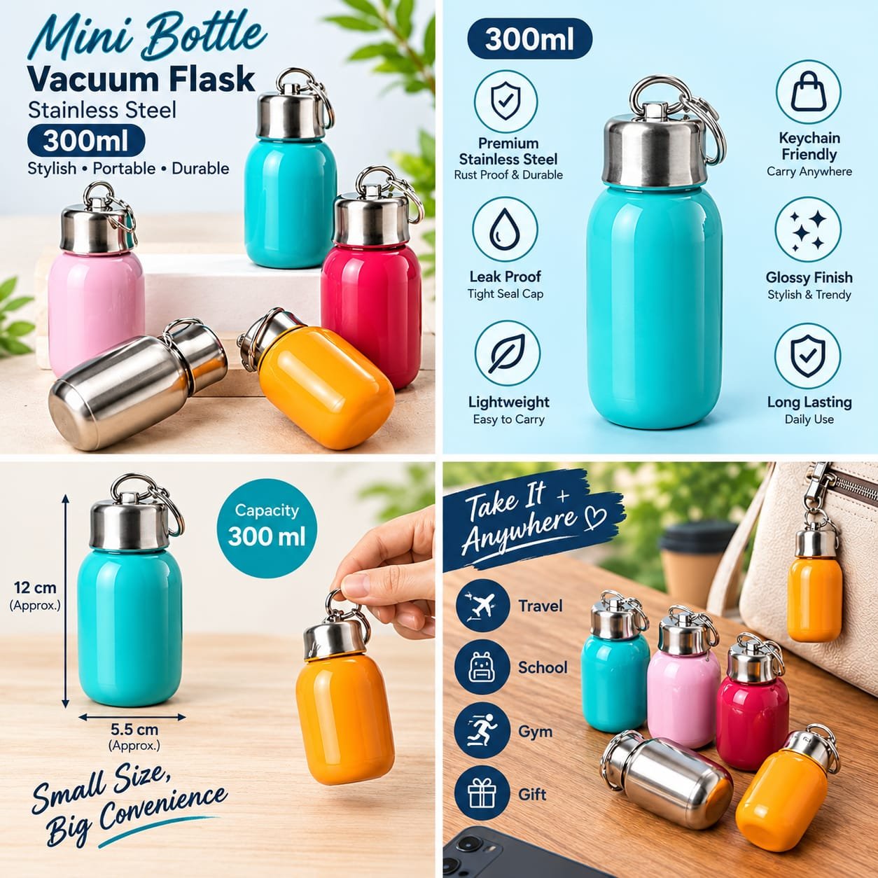 300ml mini stainless steel flask water bottle in attractive colors