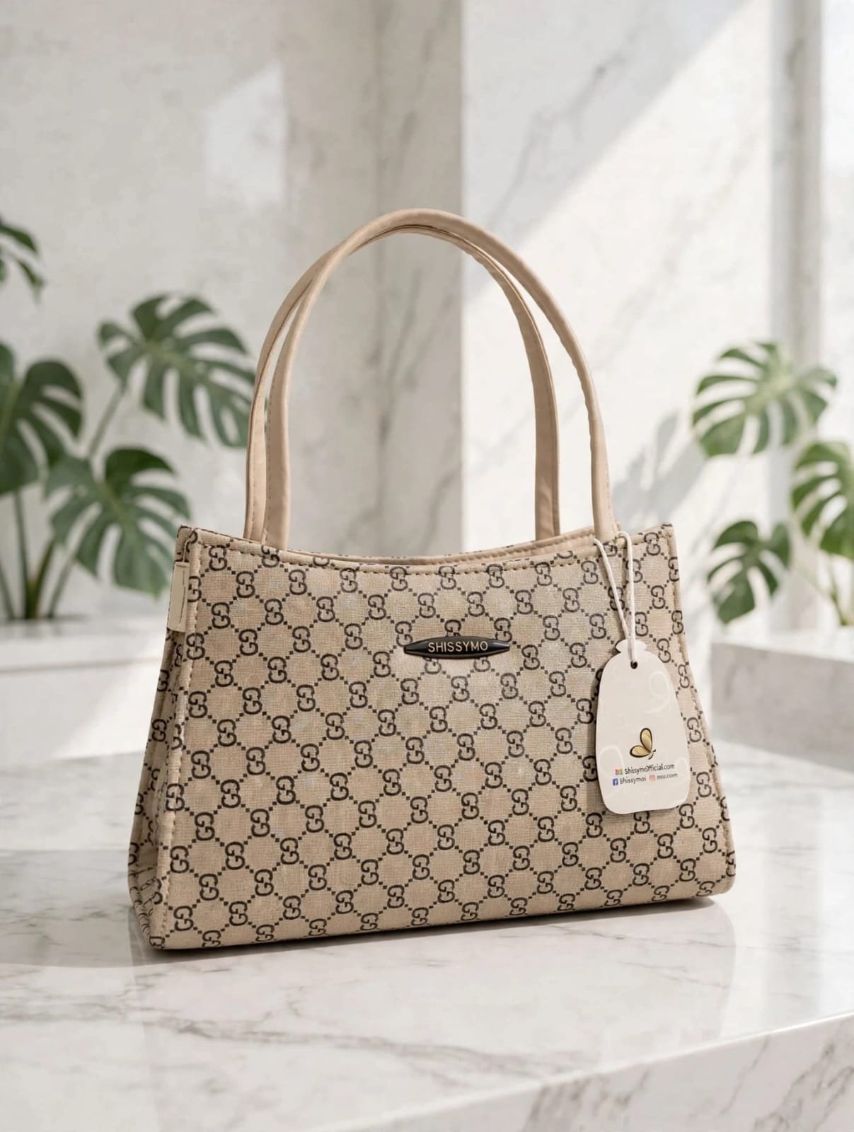 Stylish White Monogram Print Handbag for Women – Premium PU Leather Top Handle Bag with Charm - Image 5