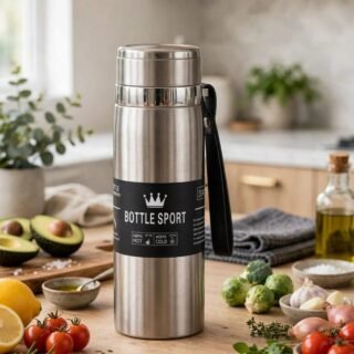 800ml stainless steel vacuum insulated water bottle with leakproof lid and carry strap on a kitchen table.