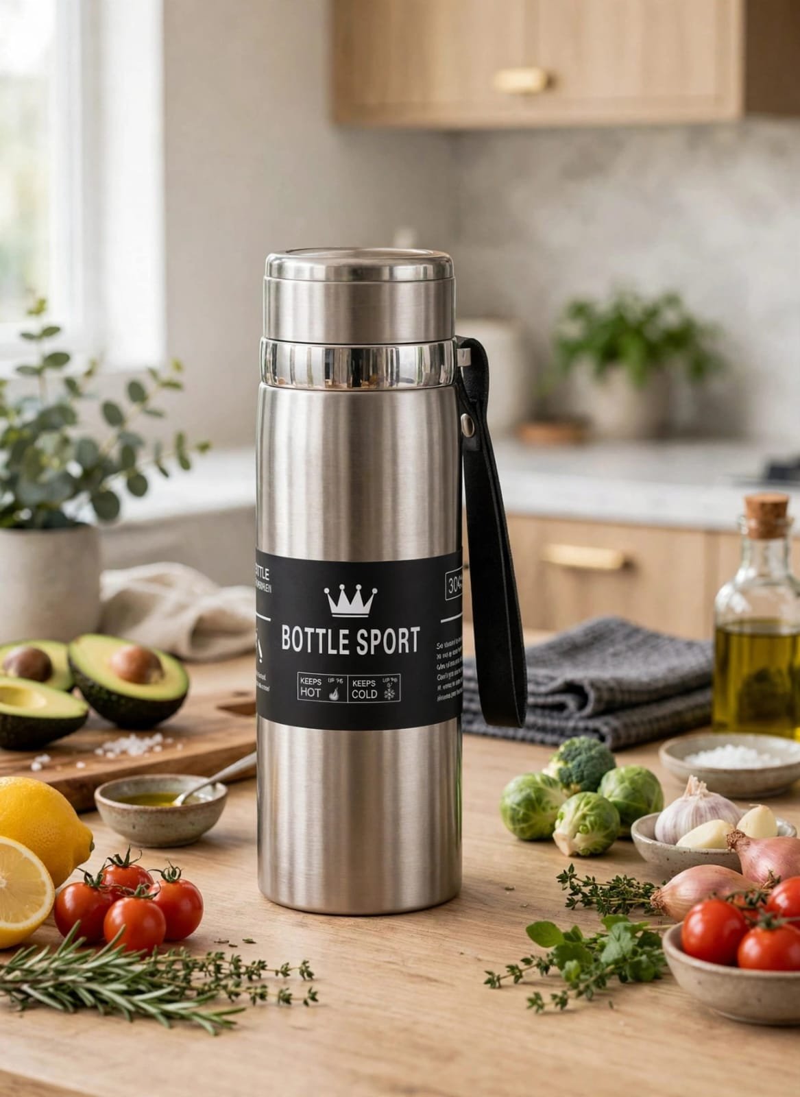 800ml stainless steel vacuum insulated water bottle with leakproof lid and carry strap on a kitchen table.