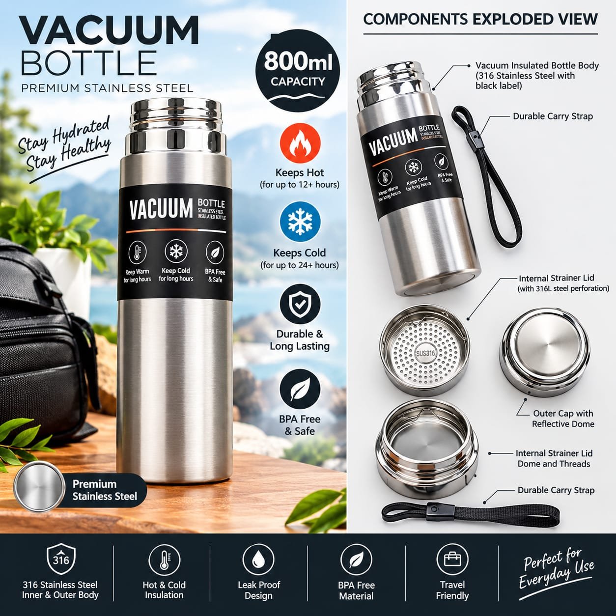 800ml Stainless Steel Vacuum Insulated Water Bottle with Carry Strap - Image 4