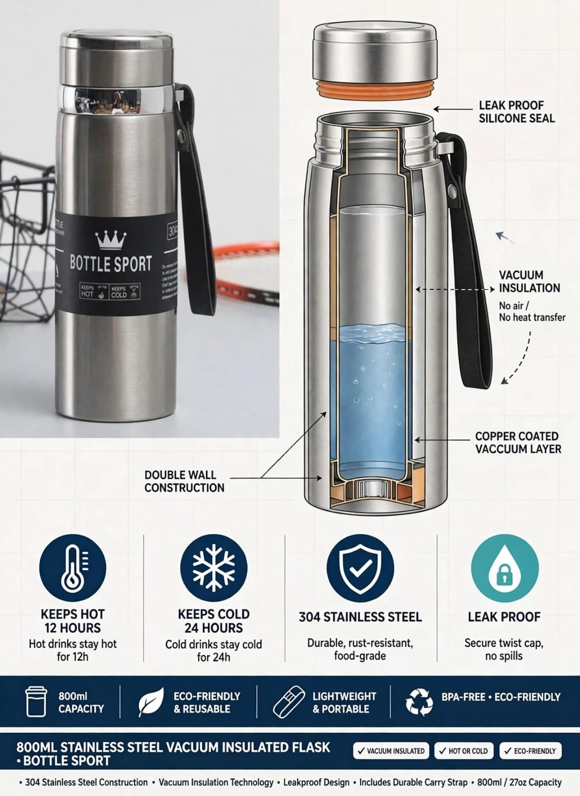 800ml Stainless Steel Vacuum Insulated Water Bottle with Carry Strap - Image 6