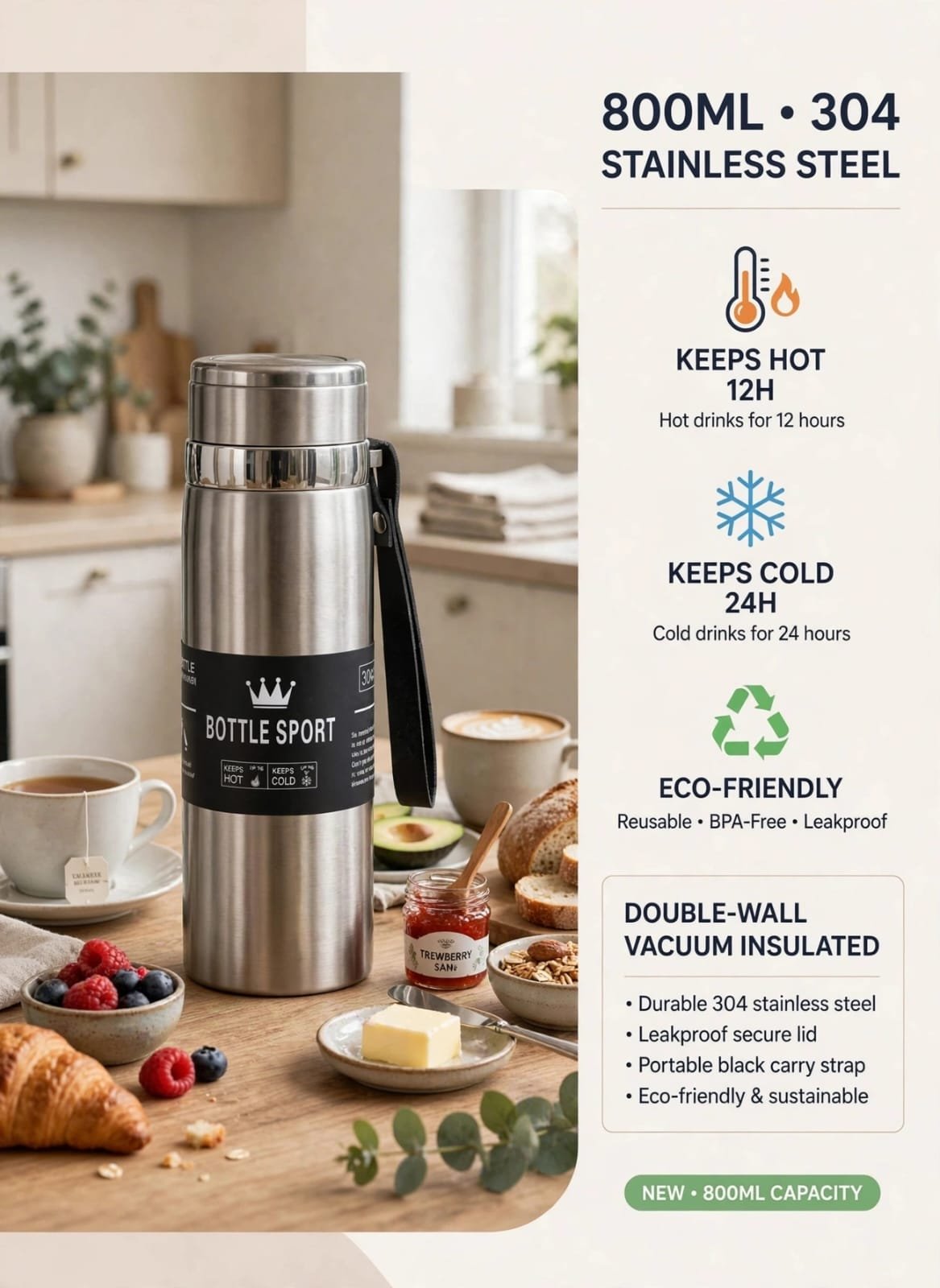800ml Stainless Steel Vacuum Insulated Water Bottle with Carry Strap - Image 2