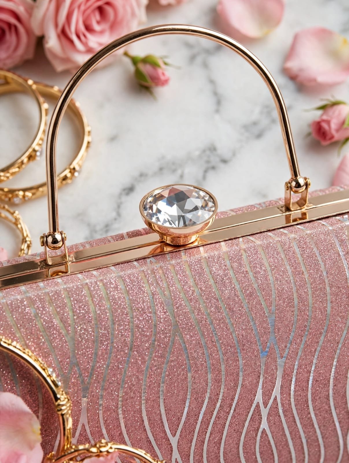 Glitter Party Clutch Bag with Golden Chain & Crystal Clasp - Image 3