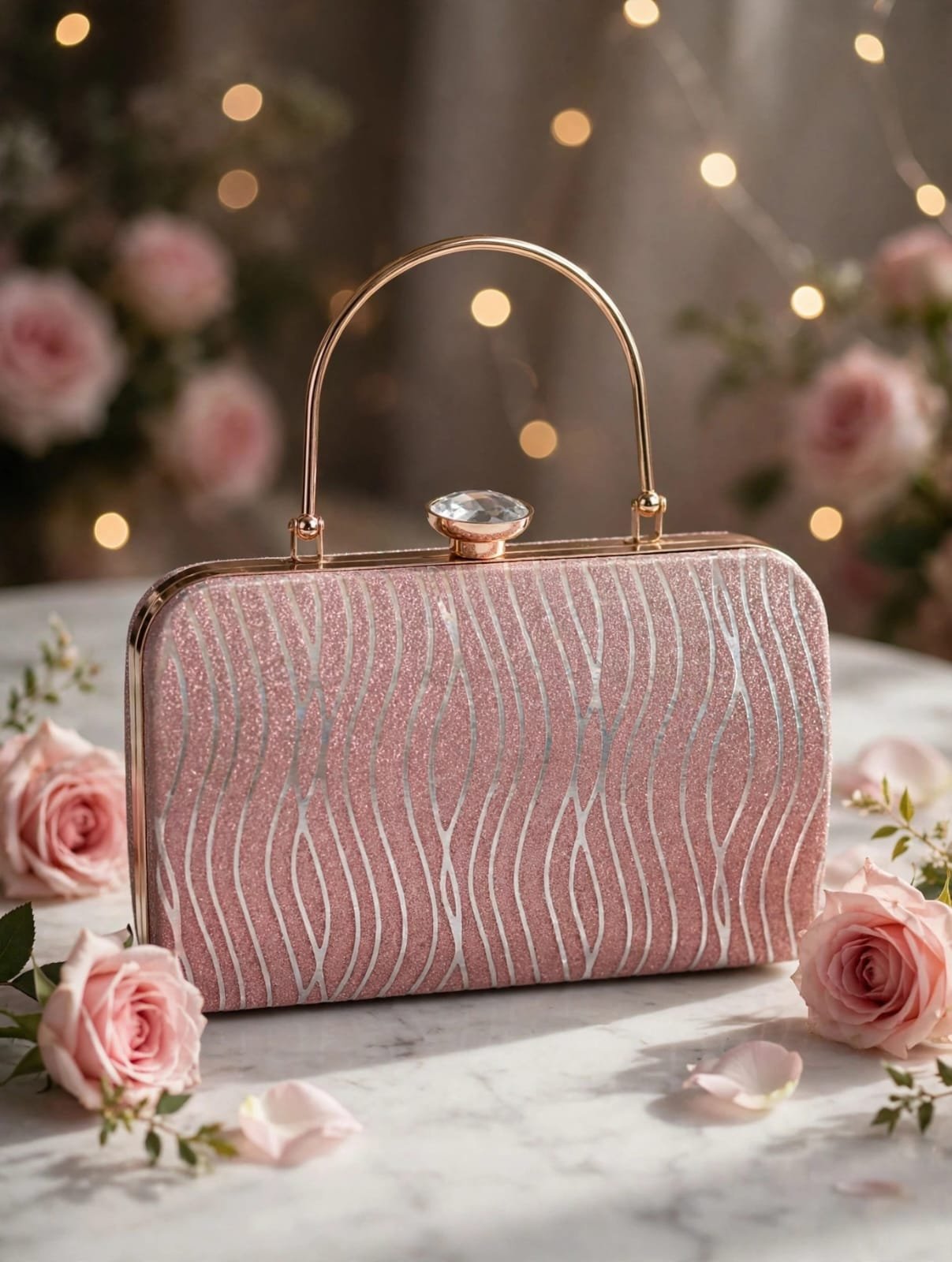 Silver glitter party clutch bag with golden chain and crystal clasp