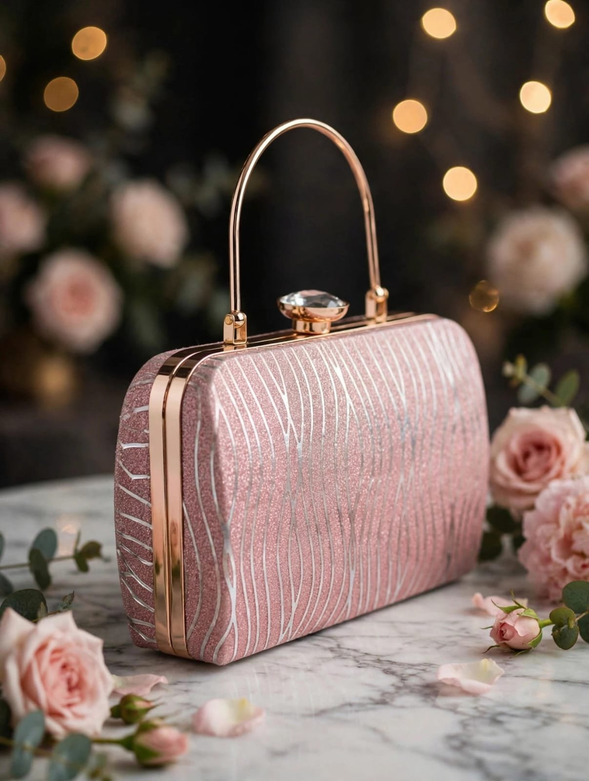 Glitter Party Clutch Bag with Golden Chain & Crystal Clasp - Image 4