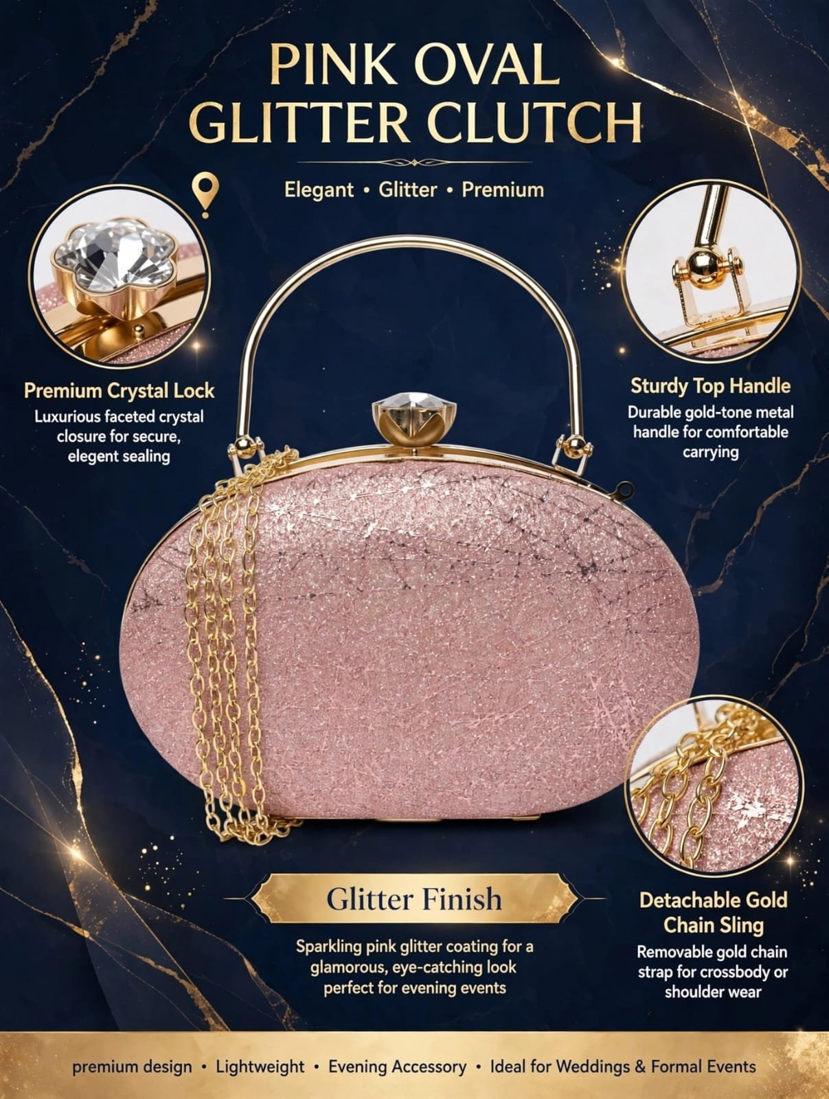Rose Pink Glitter Clutch Bag with Gold Chain, Structured Handle & Jeweled Clasp - Image 4