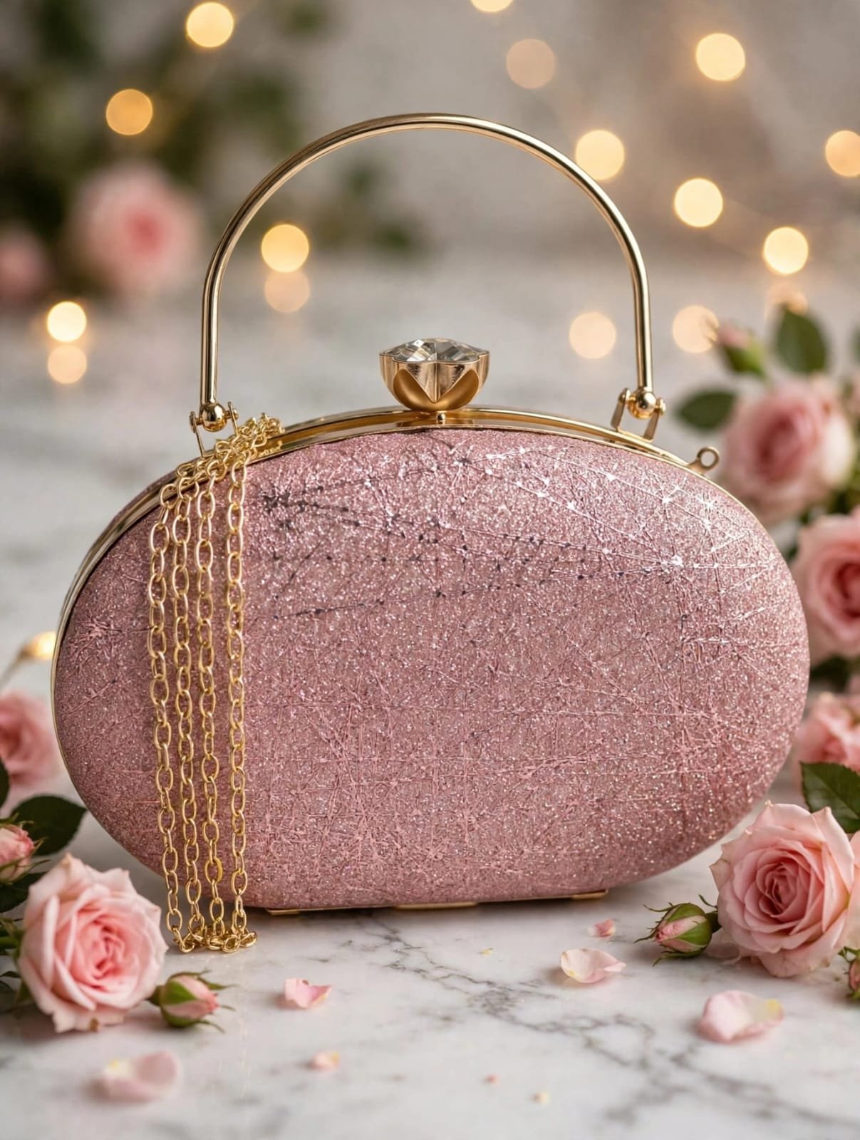 Rose pink glitter clutch handbag with gold-tone arched handle, jeweled clasp, and decorative gold chain surrounded by pink roses.