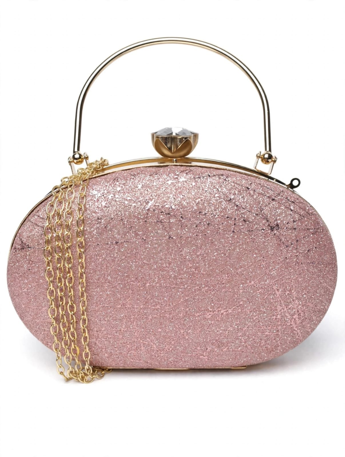Rose Pink Glitter Clutch Bag with Gold Chain, Structured Handle & Jeweled Clasp - Image 3
