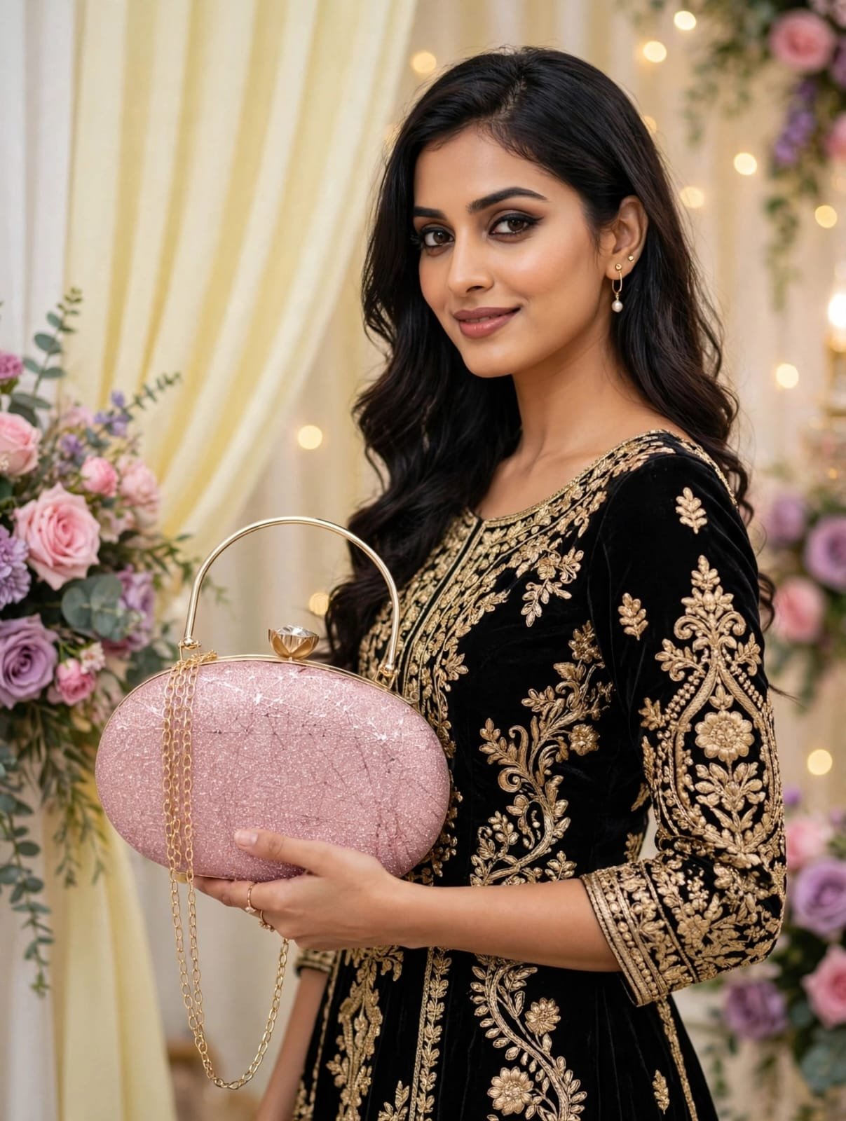 Rose Pink Glitter Clutch Bag with Gold Chain, Structured Handle & Jeweled Clasp - Image 2