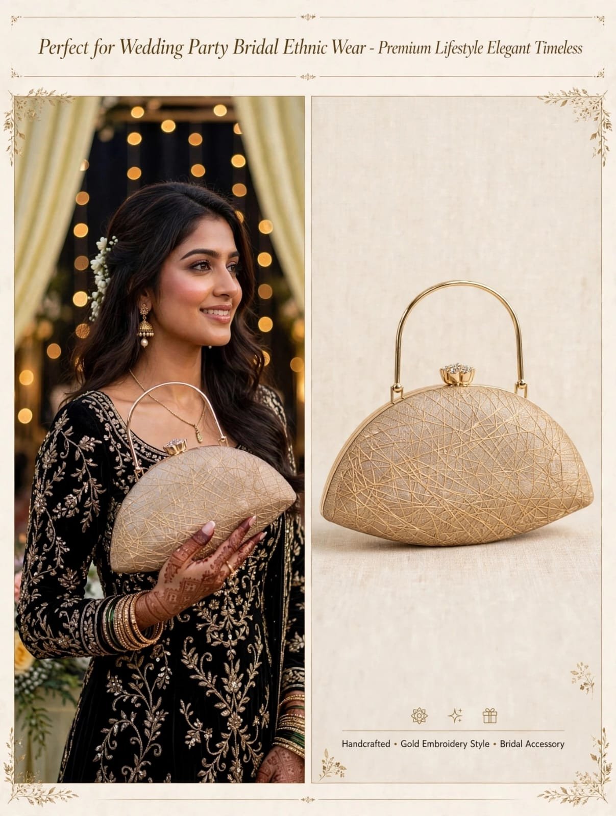 Champagne Gold Glitter Embroidered Half-Moon Clutch Bag with Gold Handle & Jeweled Clasp - Image 2