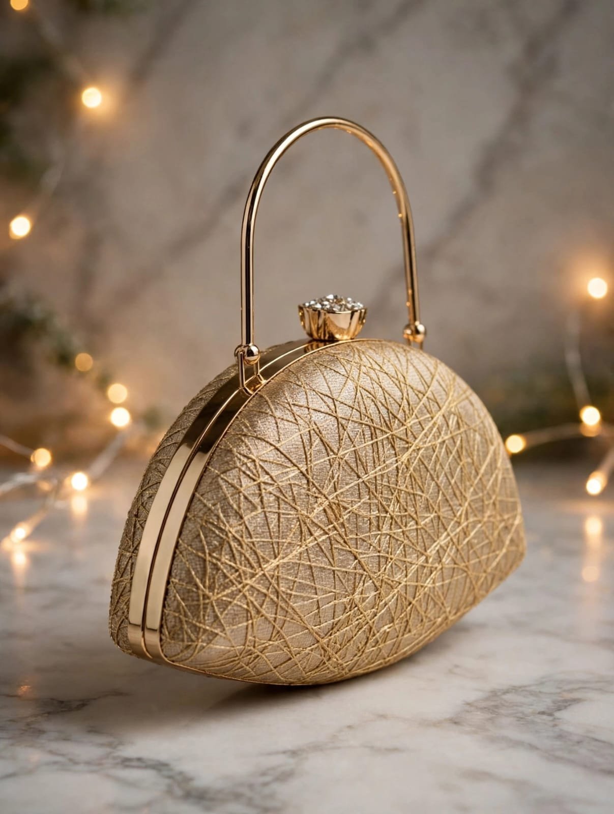 Champagne Gold Glitter Embroidered Half-Moon Clutch Bag with Gold Handle & Jeweled Clasp - Image 3
