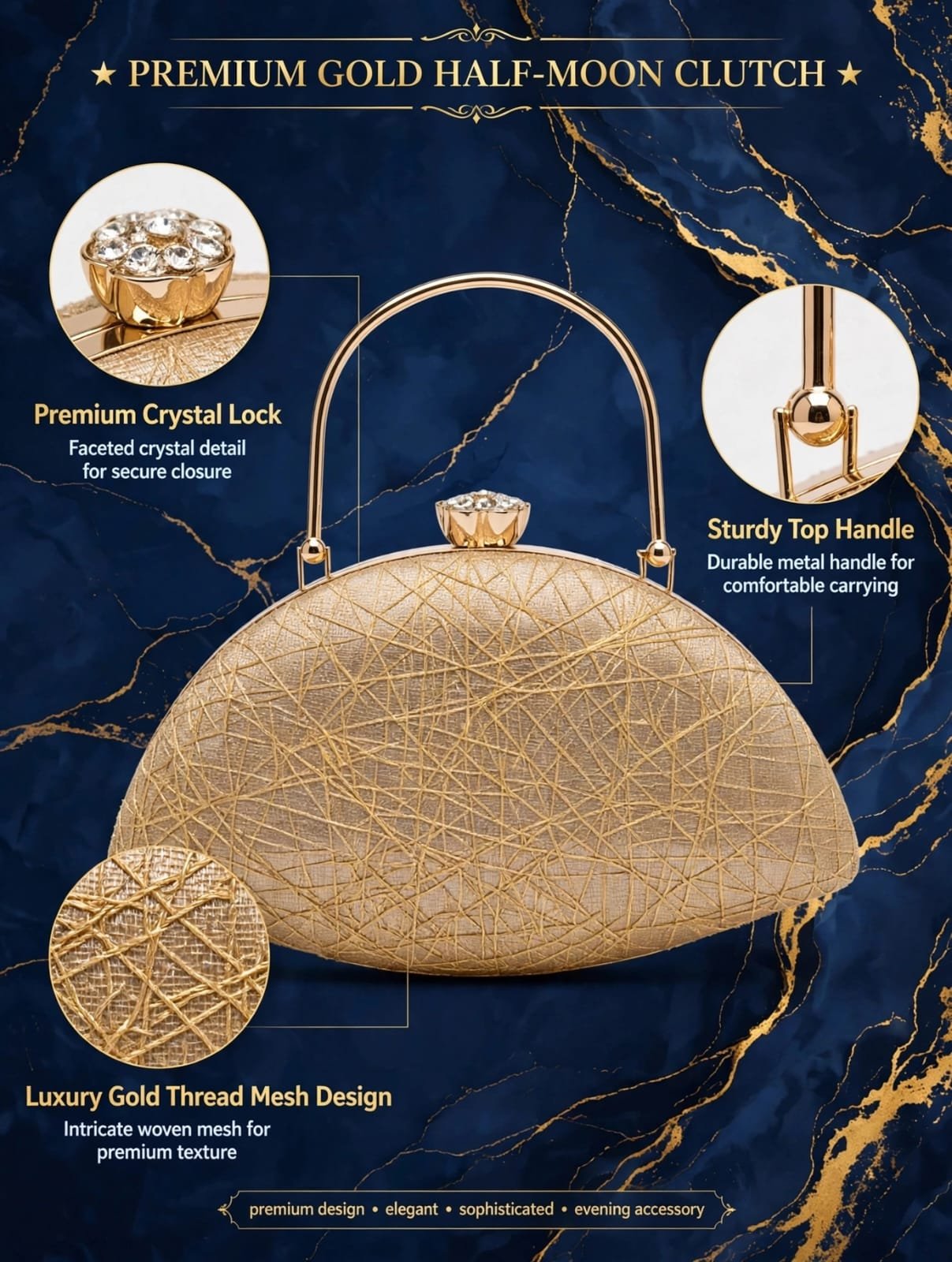 Champagne Gold Glitter Embroidered Half-Moon Clutch Bag with Gold Handle & Jeweled Clasp - Image 4