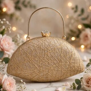 Champagne gold half-moon glitter clutch handbag with metallic thread detailing, gold handle, and jeweled clasp displayed among flowers.
