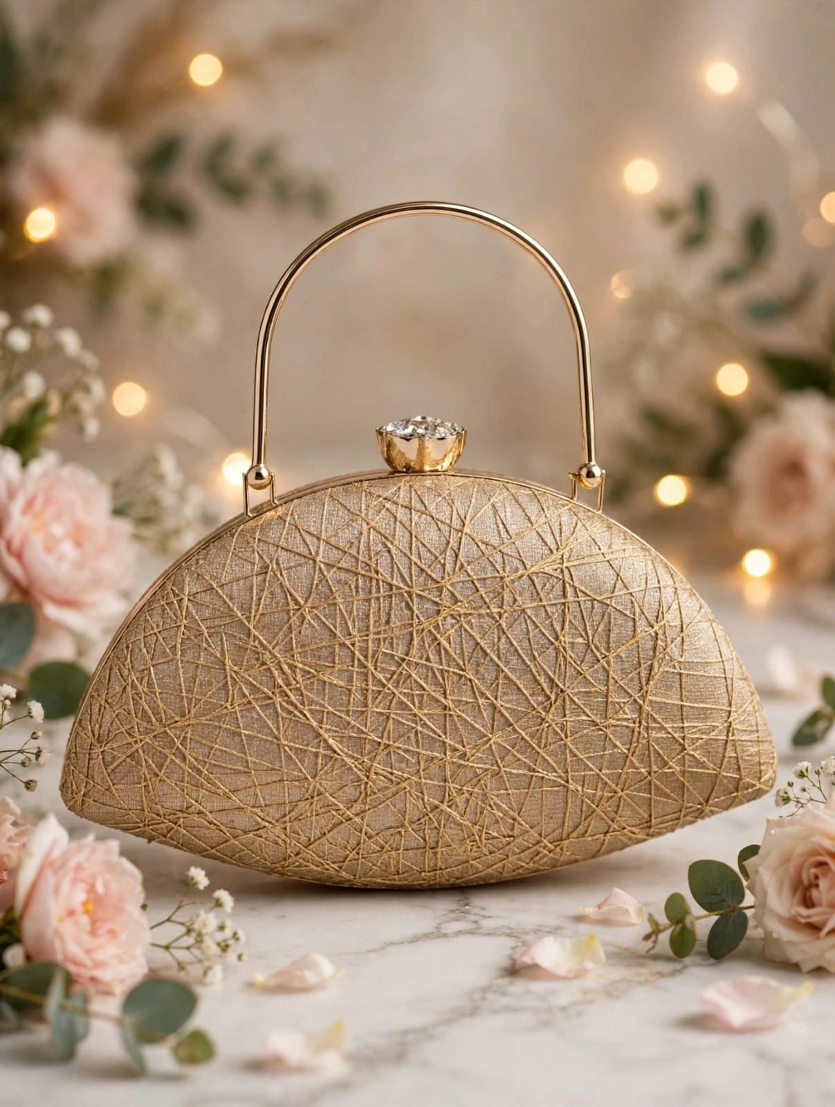 Champagne gold half-moon glitter clutch handbag with metallic thread detailing, gold handle, and jeweled clasp displayed among flowers.