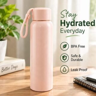 Blush pink glass water bottle with plastic outer body and carry loop on a wooden desk beside a plant