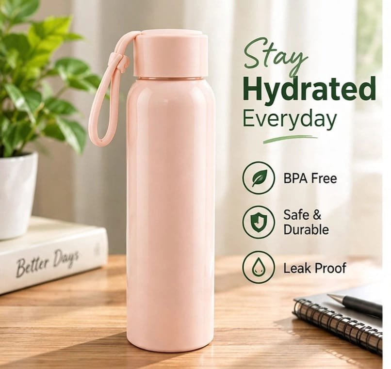 Blush pink glass water bottle with plastic outer body and carry loop on a wooden desk beside a plant