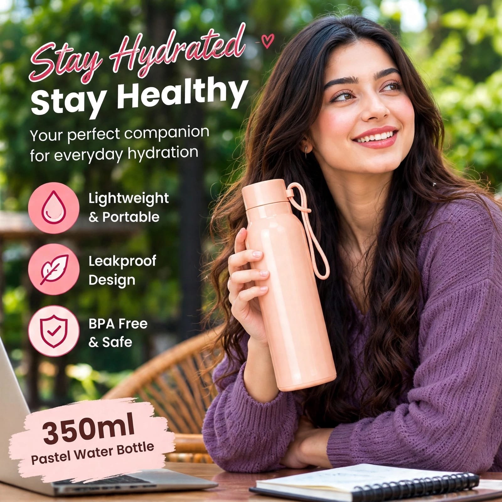 Blush Pink Glass Water Bottle with Plastic Outer Body and Carry Loop - Image 2
