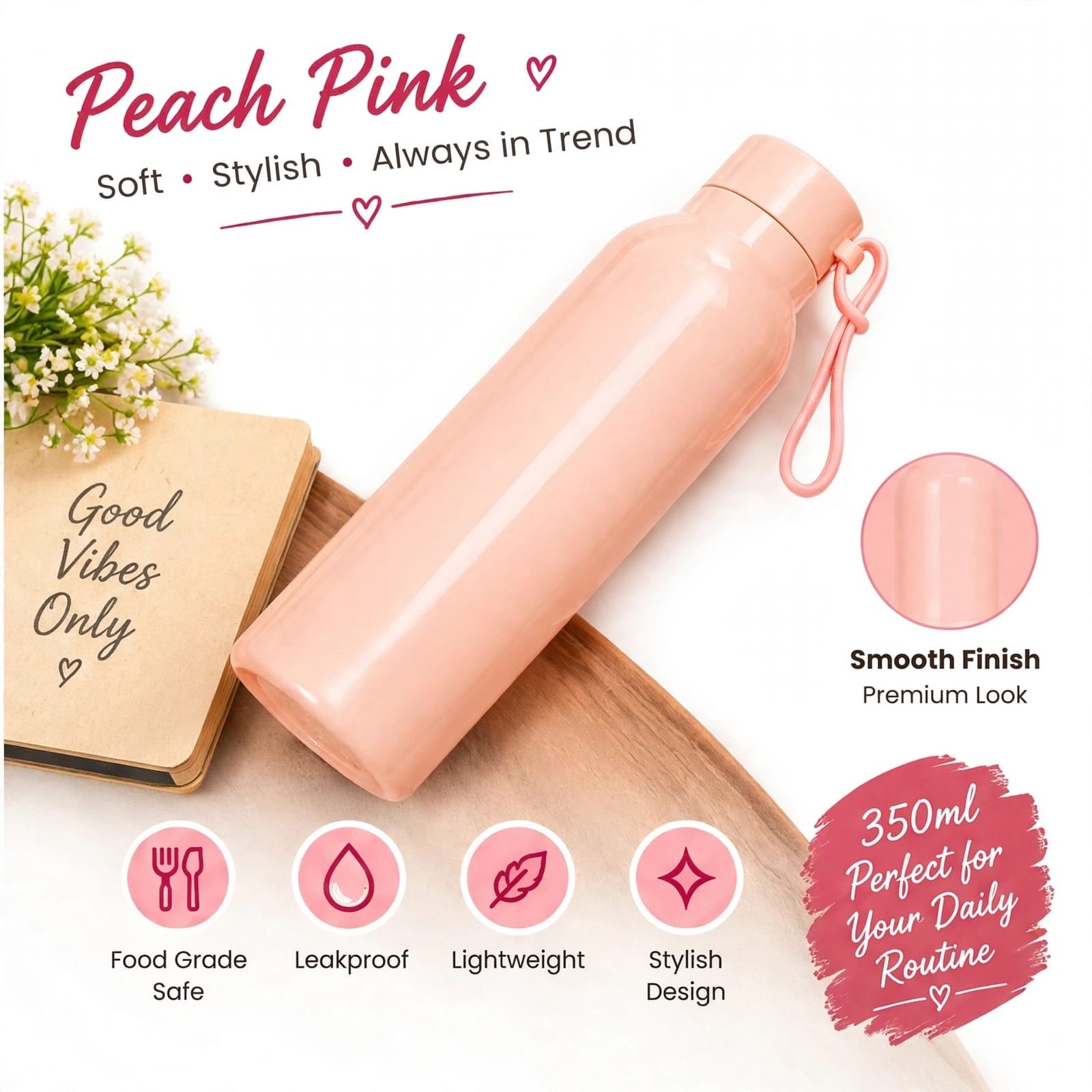 Blush Pink Glass Water Bottle with Plastic Outer Body and Carry Loop - Image 3