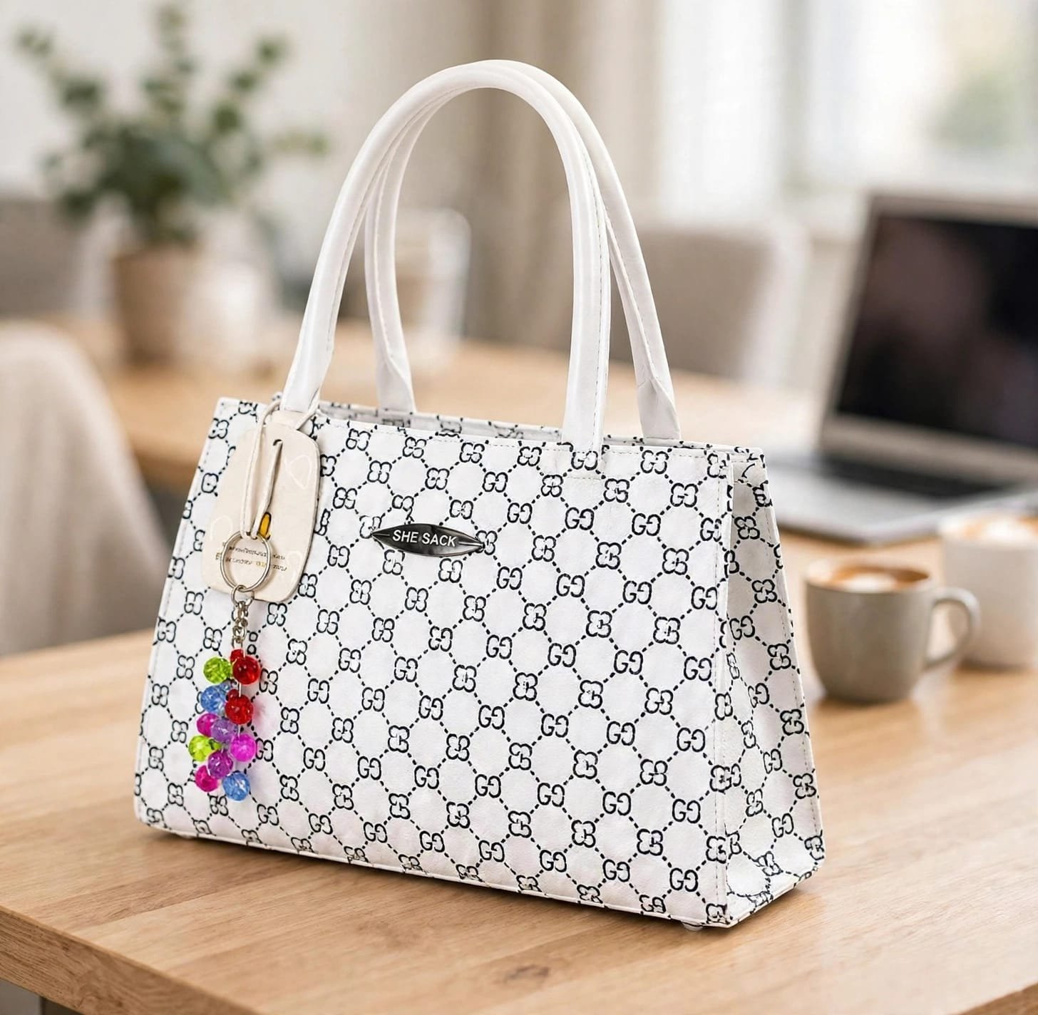 White monogram print women’s handbag with double top handles and colourful bead charm, front view