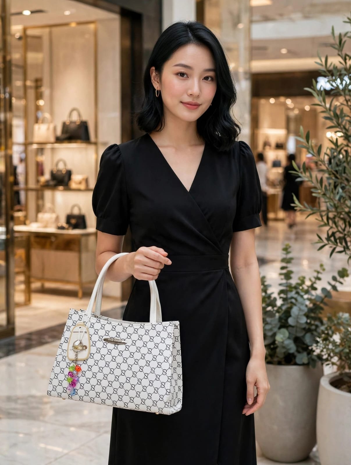 Stylish White Monogram Print Handbag for Women – Premium PU Leather Top Handle Bag with Charm - Image 2