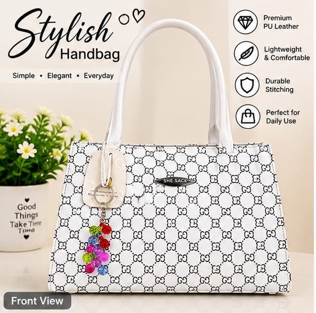 Stylish White Monogram Print Handbag for Women – Premium PU Leather Top Handle Bag with Charm - Image 3