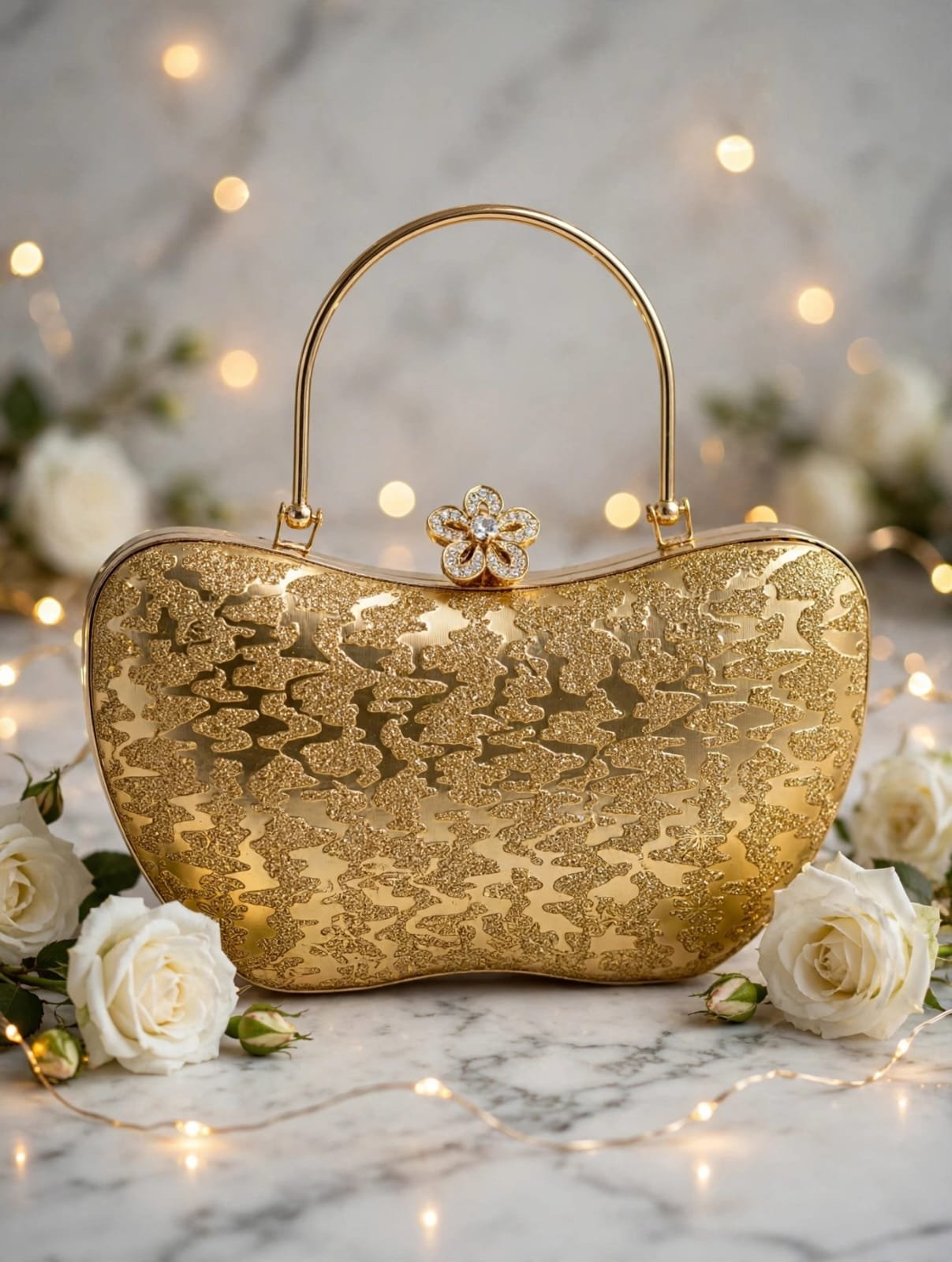 Gold glitter evening clutch with crystal flower clasp and metal top handle on a marble table