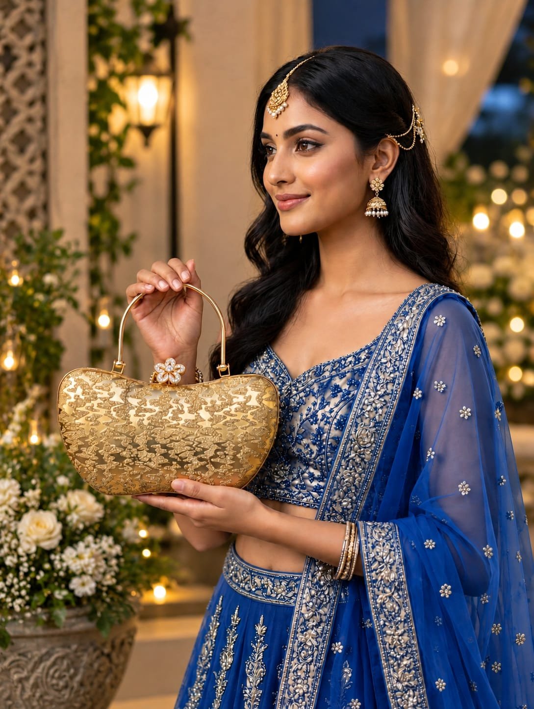 Gold Glitter Evening Clutch with Crystal Flower Clasp and Top Handle - Ladies Handbag - Image 2