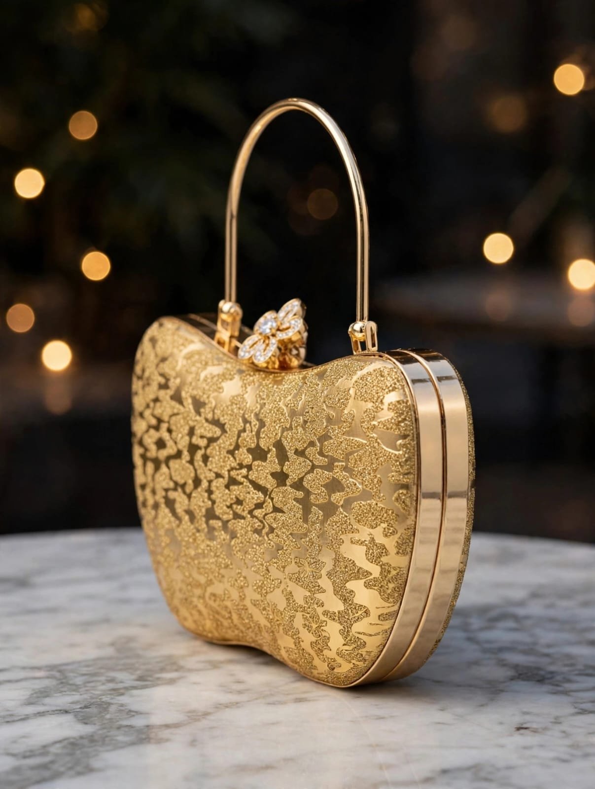 Gold Glitter Evening Clutch with Crystal Flower Clasp and Top Handle - Ladies Handbag - Image 3