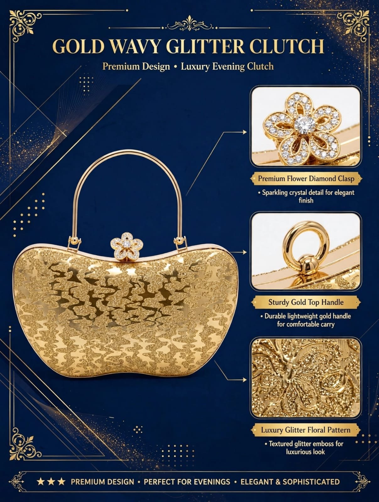 Gold Glitter Evening Clutch with Crystal Flower Clasp and Top Handle - Ladies Handbag - Image 4