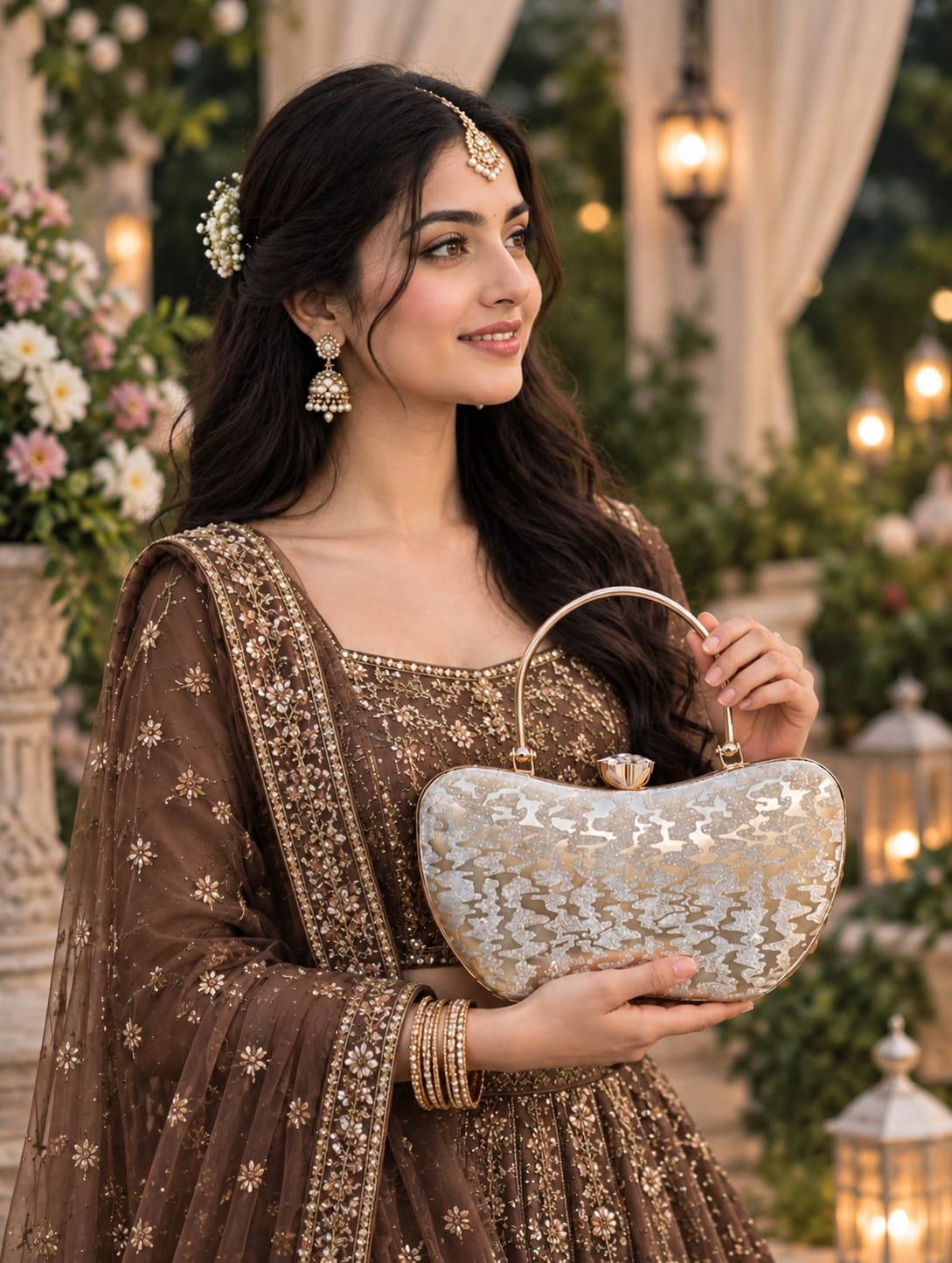 Silver Glitter Evening Clutch with Crystal Clasp and Gold Top Handle - Ladies handbag - Image 2