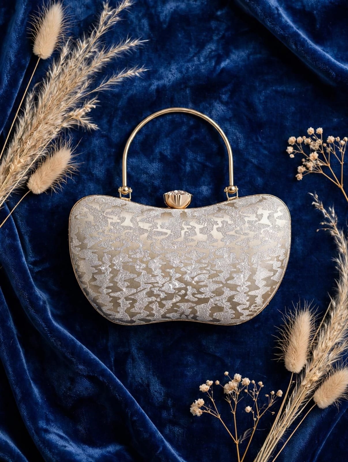 Silver Glitter Evening Clutch with Crystal Clasp and Gold Top Handle - Ladies handbag - Image 3