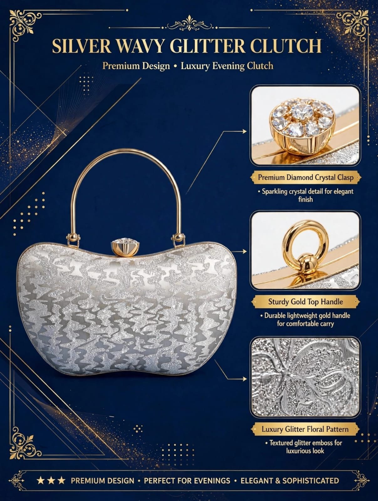 Silver Glitter Evening Clutch with Crystal Clasp and Gold Top Handle - Ladies handbag - Image 5