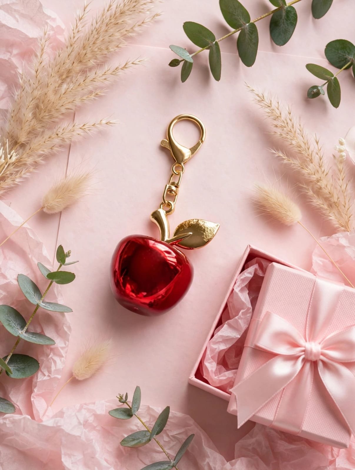 Red Apple Keychain Charm with Gold Leaf and Lobster Clasp - Image 4