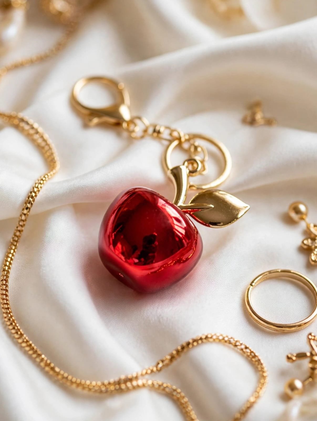 Red Apple Keychain Charm with Gold Leaf and Lobster Clasp - Image 3