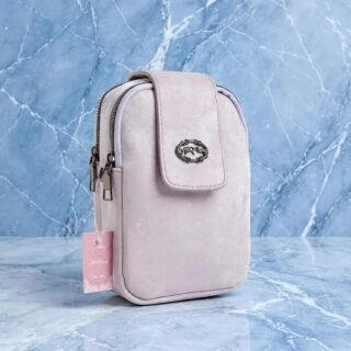 Lavender pink mini mobile pouch bag with front flap, metal logo plate and double zip compartments, side view