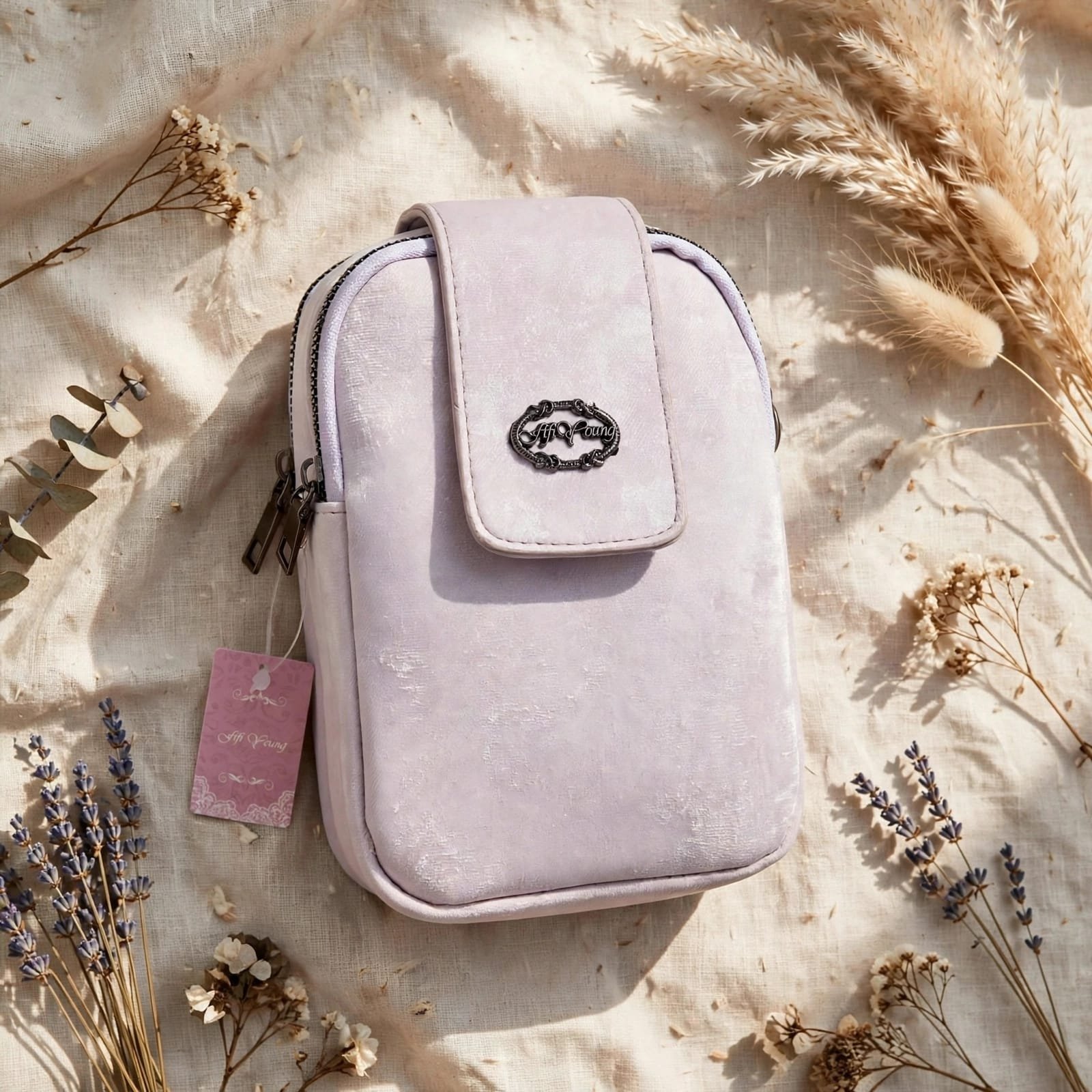 Lavender Mini Mobile Pouch Bag for Women – Double Zip Phone Bag with Front Flap, Soft Textured Finish - Image 4